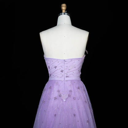 Luxury Feathers Beaded Lilac Evening Dress with Overskirt SS456