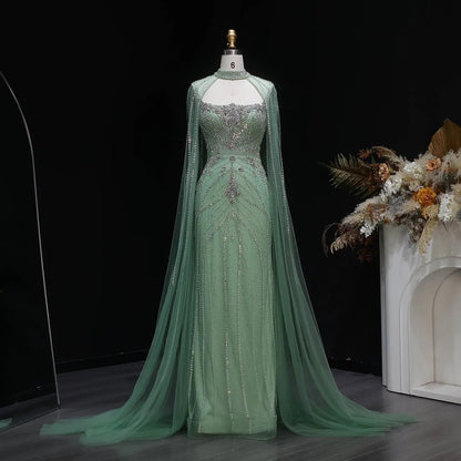 Luxury Champagne Halter Neck Cape Sleeve Beaded Evening Dress SS131