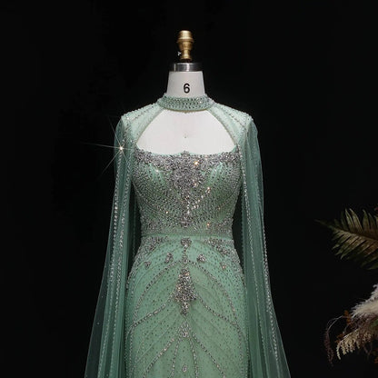 Luxury Champagne Halter Neck Cape Sleeve Beaded Evening Dress SS131