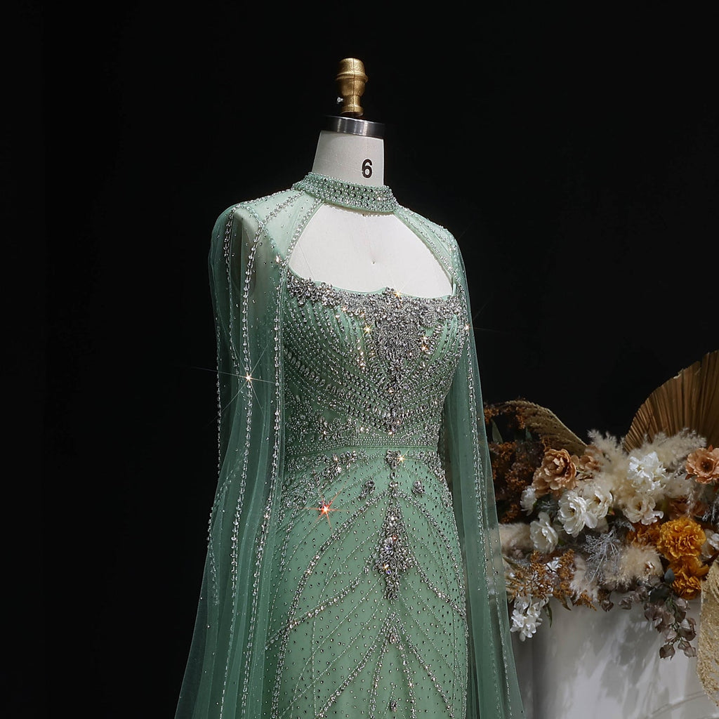 Elegant Champagne Halter Neck Beaded Evening Dress with Cape Sleeve SS131