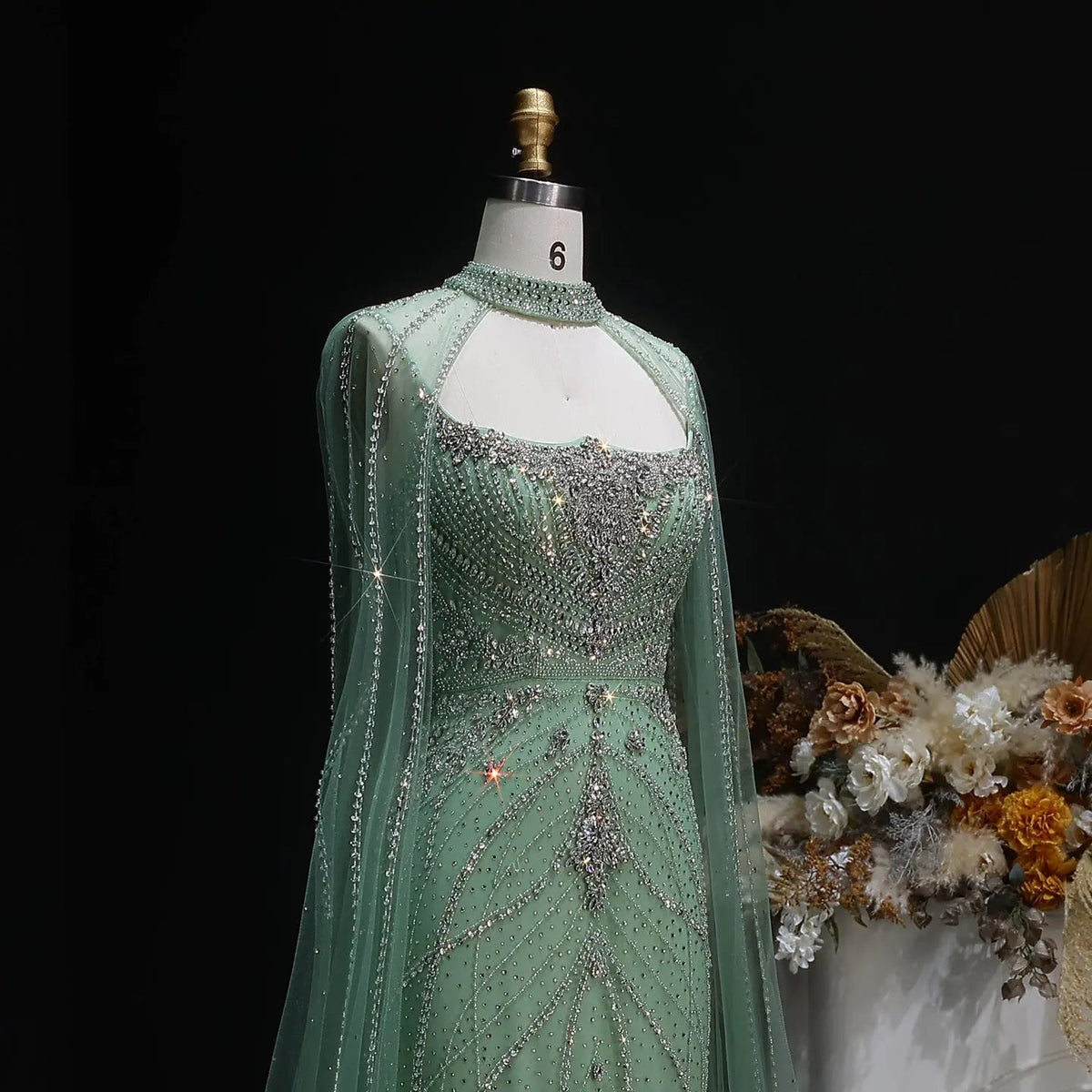Luxury Champagne Halter Neck Cape Sleeve Beaded Evening Dress SS131