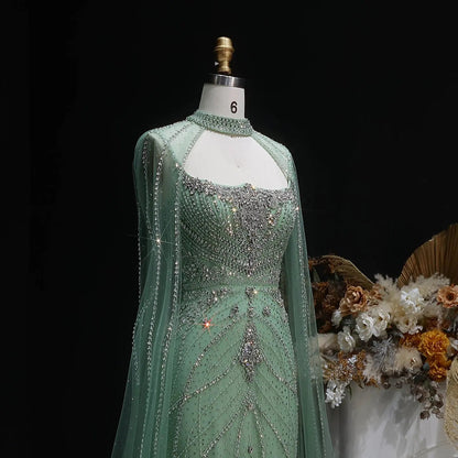Luxury Champagne Halter Neck Cape Sleeve Beaded Evening Dress SS131