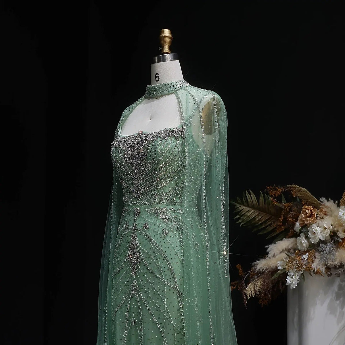 Luxury Champagne Halter Neck Cape Sleeve Beaded Evening Dress SS131