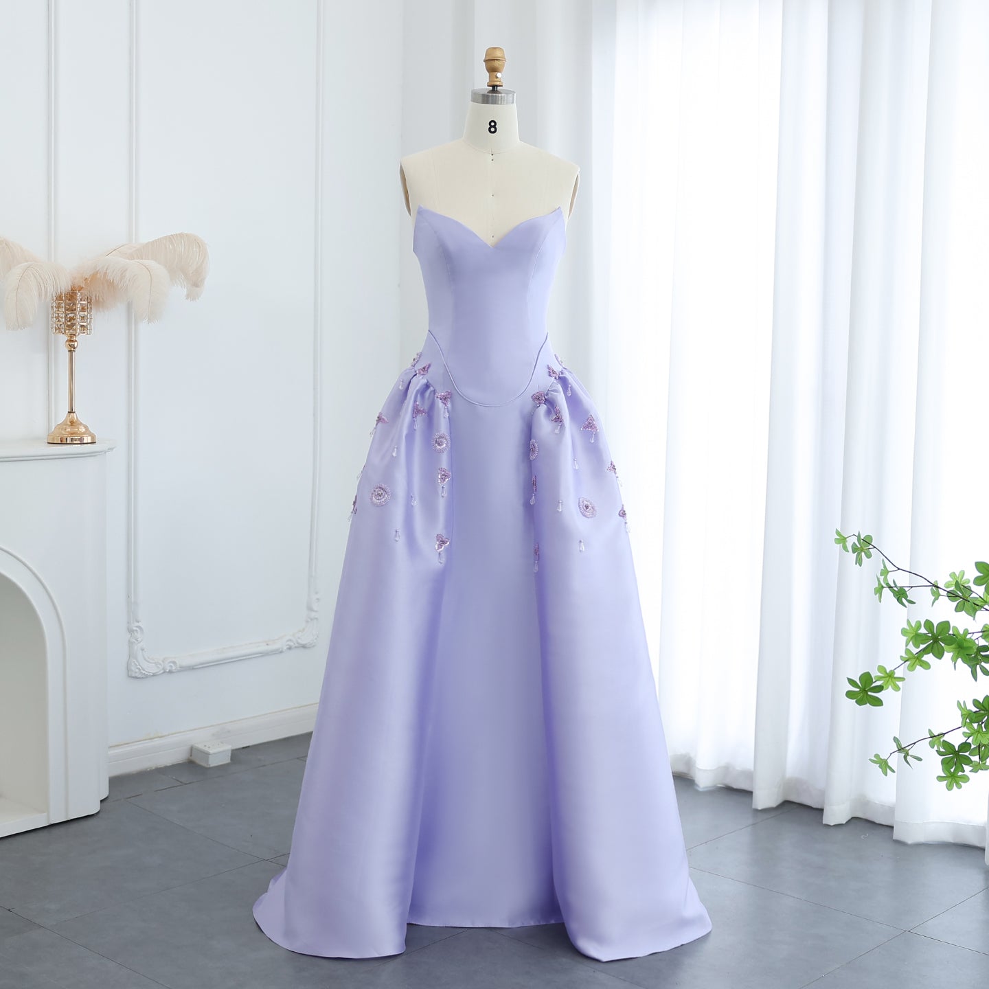 Luxury Pearls Stone Lilac A-Line Sweetheart Satin Evening Dress SS321A