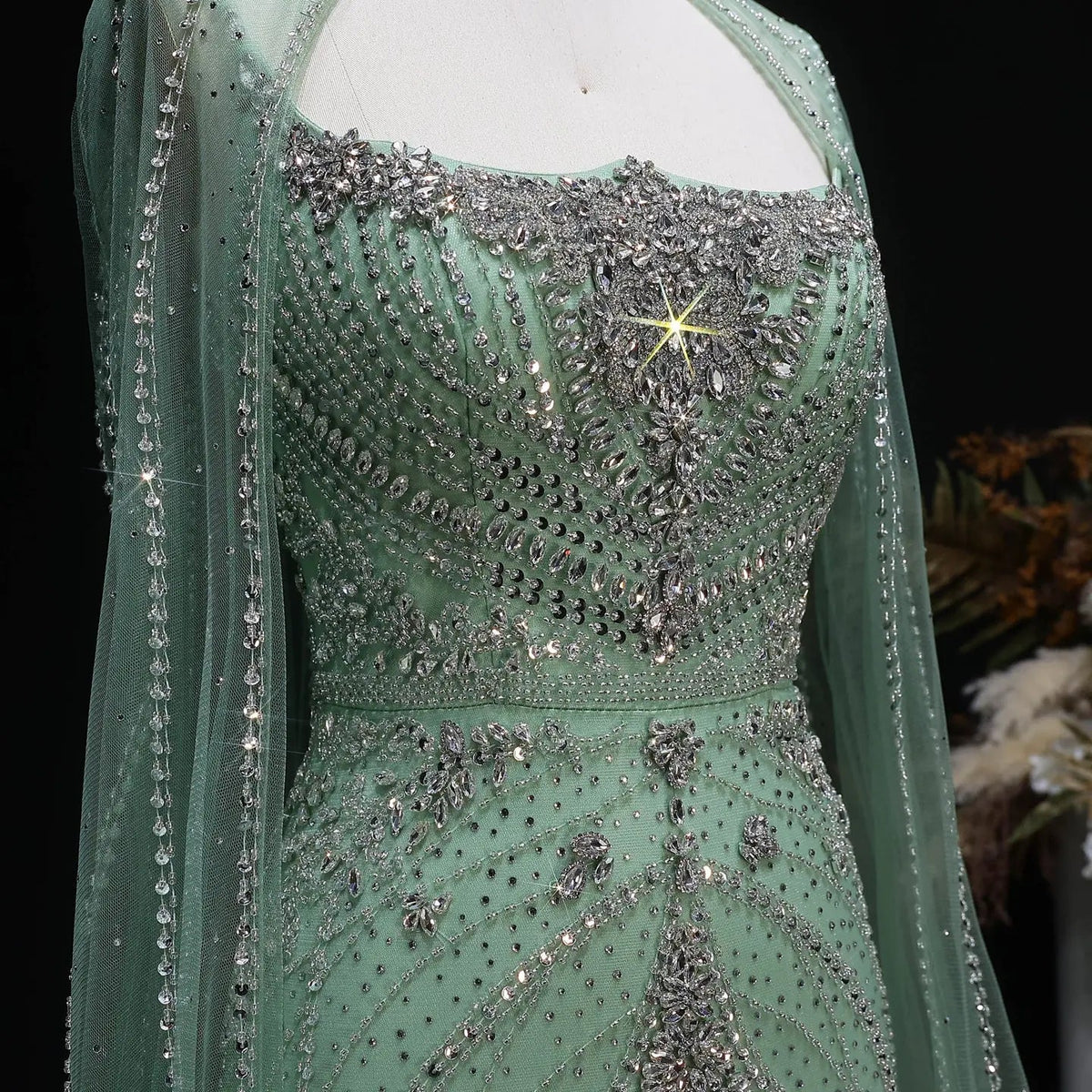 Luxury Champagne Halter Neck Cape Sleeve Beaded Evening Dress SS131