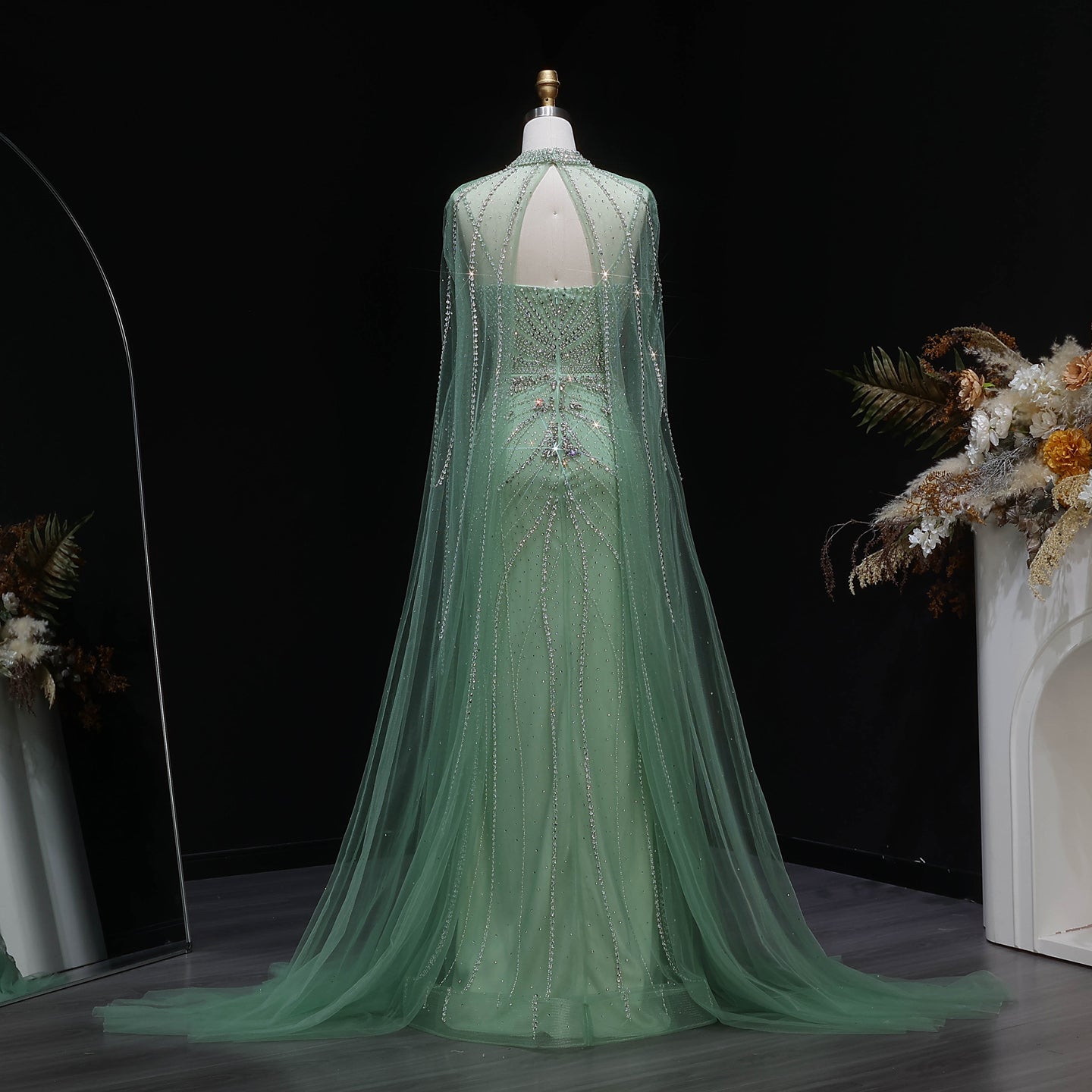 Elegant Champagne Halter Neck Beaded Evening Dress with Cape Sleeve SS131