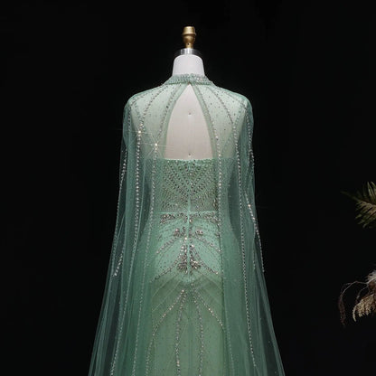 Luxury Champagne Halter Neck Cape Sleeve Beaded Evening Dress SS131