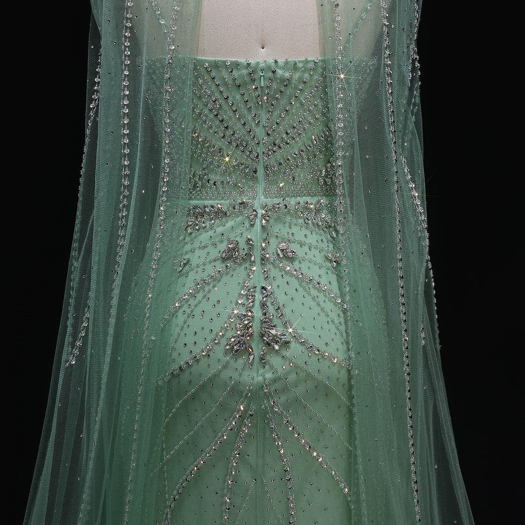 Elegant Champagne Halter Neck Beaded Evening Dress with Cape Sleeve SS131