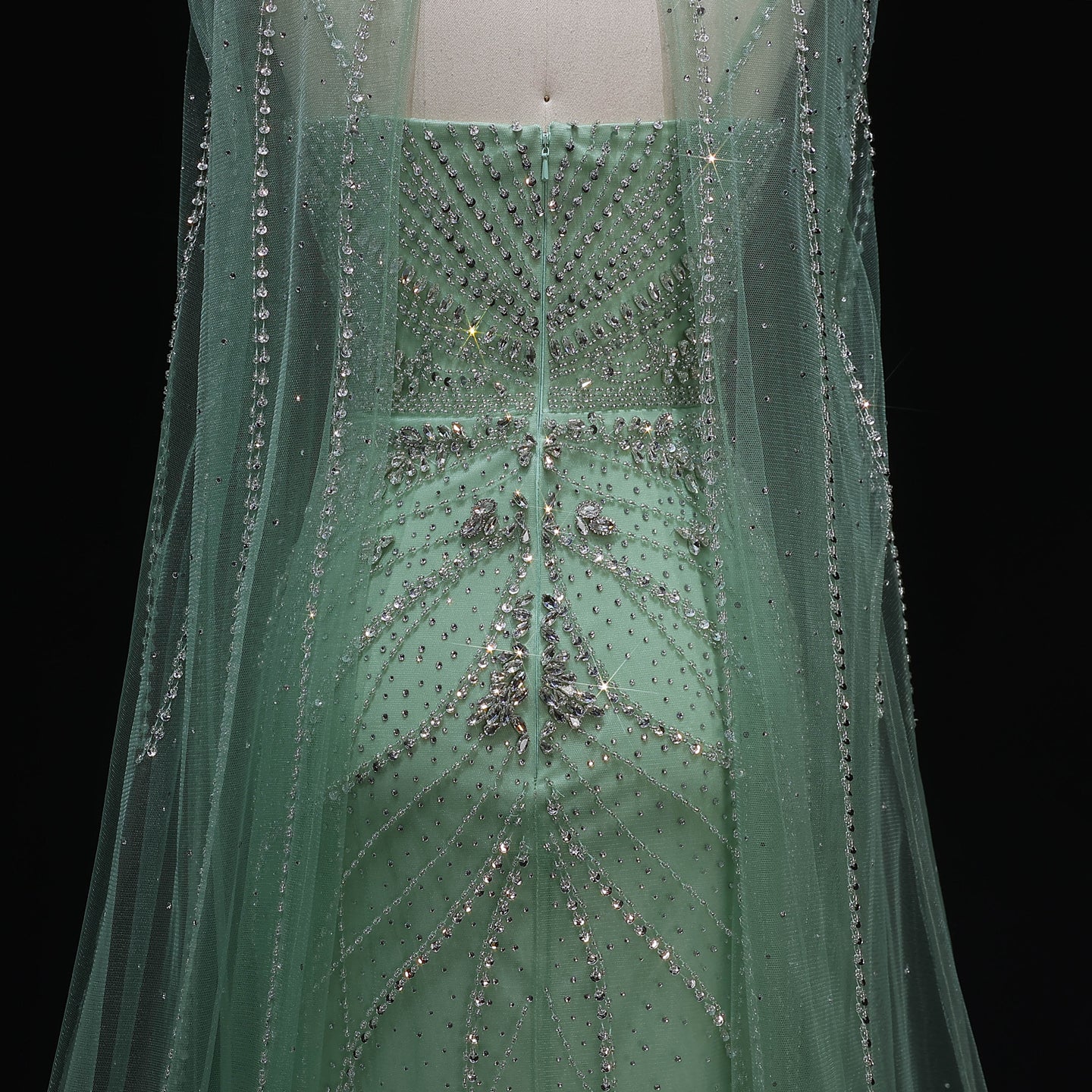 Elegant Champagne Halter Neck Beaded Evening Dress with Cape Sleeve SS131