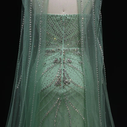 Luxury Champagne Halter Neck Cape Sleeve Beaded Evening Dress SS131