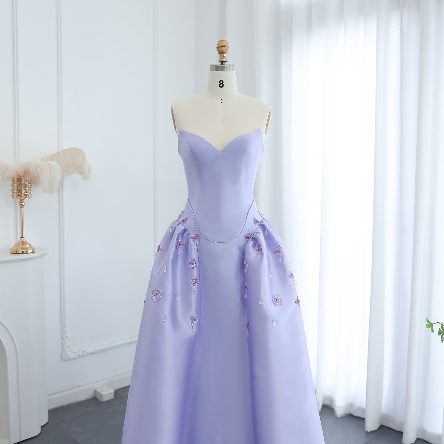 Luxury Pearls Stone Lilac A-Line Sweetheart Satin Evening Dress SS321A