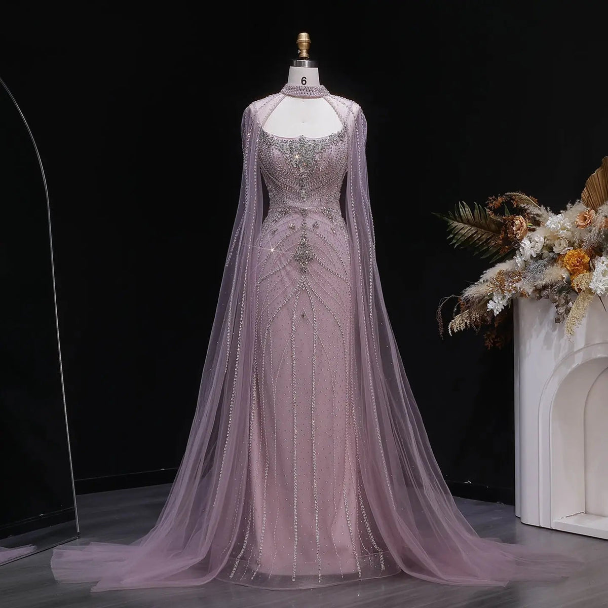 Luxury Champagne Halter Neck Cape Sleeve Beaded Evening Dress SS131