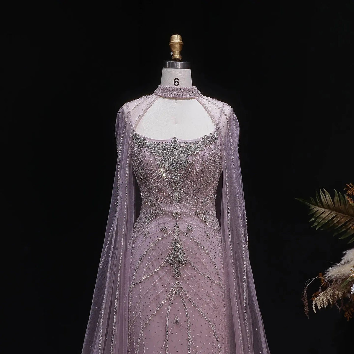 Luxury Champagne Halter Neck Cape Sleeve Beaded Evening Dress SS131