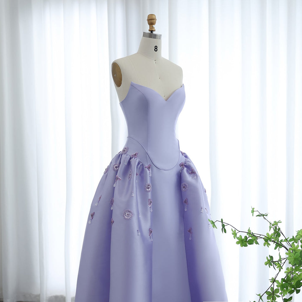 Luxury Pearls Stone Lilac A-Line Sweetheart Satin Evening Dress SS321A