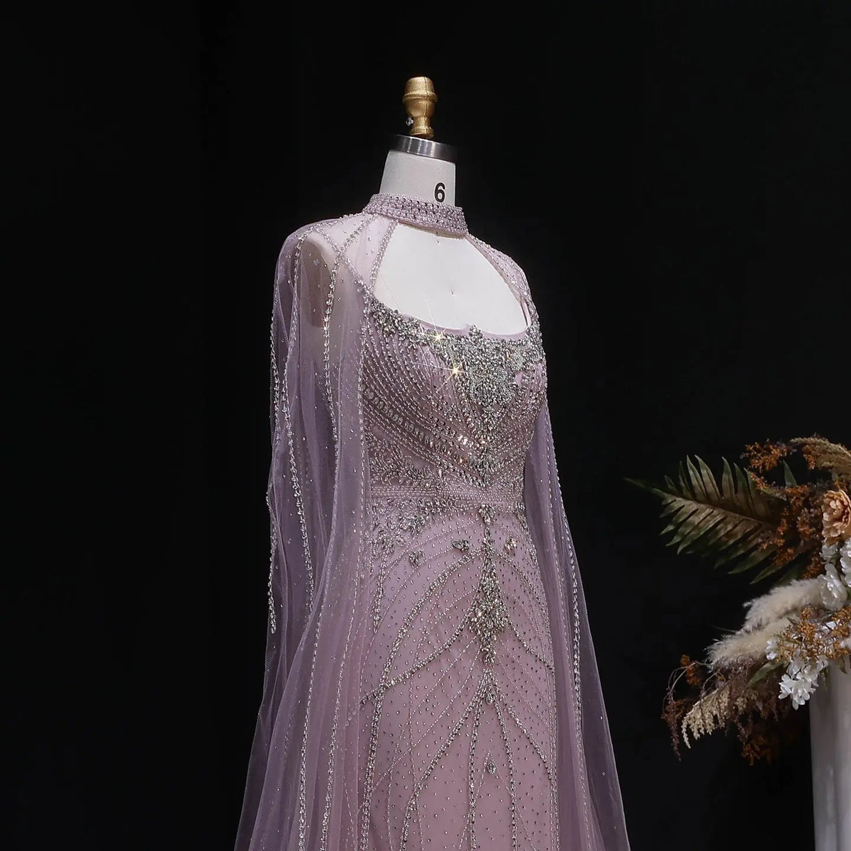 Luxury Champagne Halter Neck Cape Sleeve Beaded Evening Dress SS131