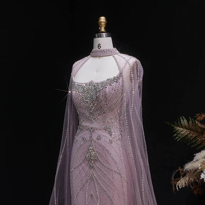 Luxury Champagne Halter Neck Cape Sleeve Beaded Evening Dress SS131