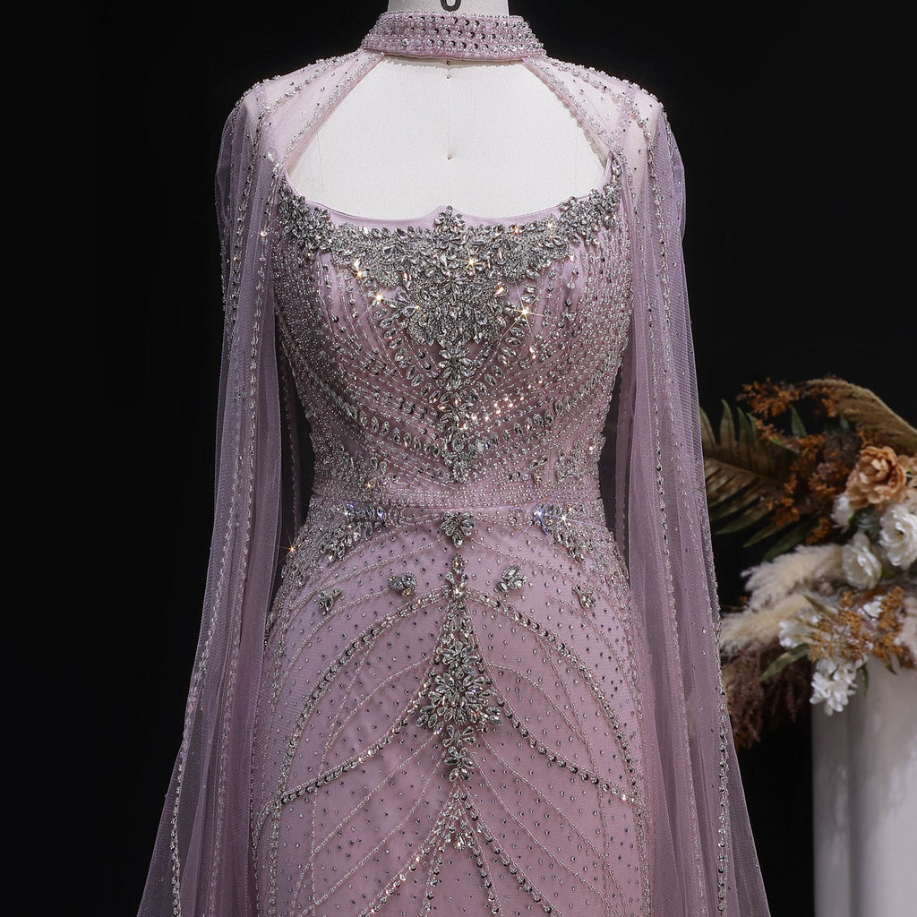 Elegant Champagne Halter Neck Beaded Evening Dress with Cape Sleeve SS131