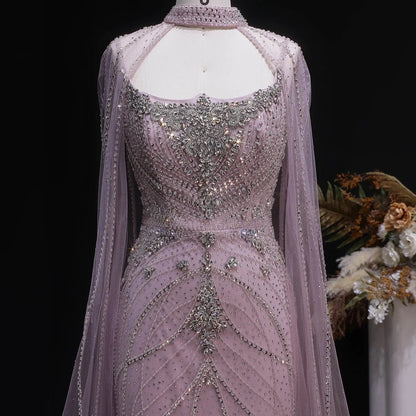 Luxury Champagne Halter Neck Cape Sleeve Beaded Evening Dress SS131