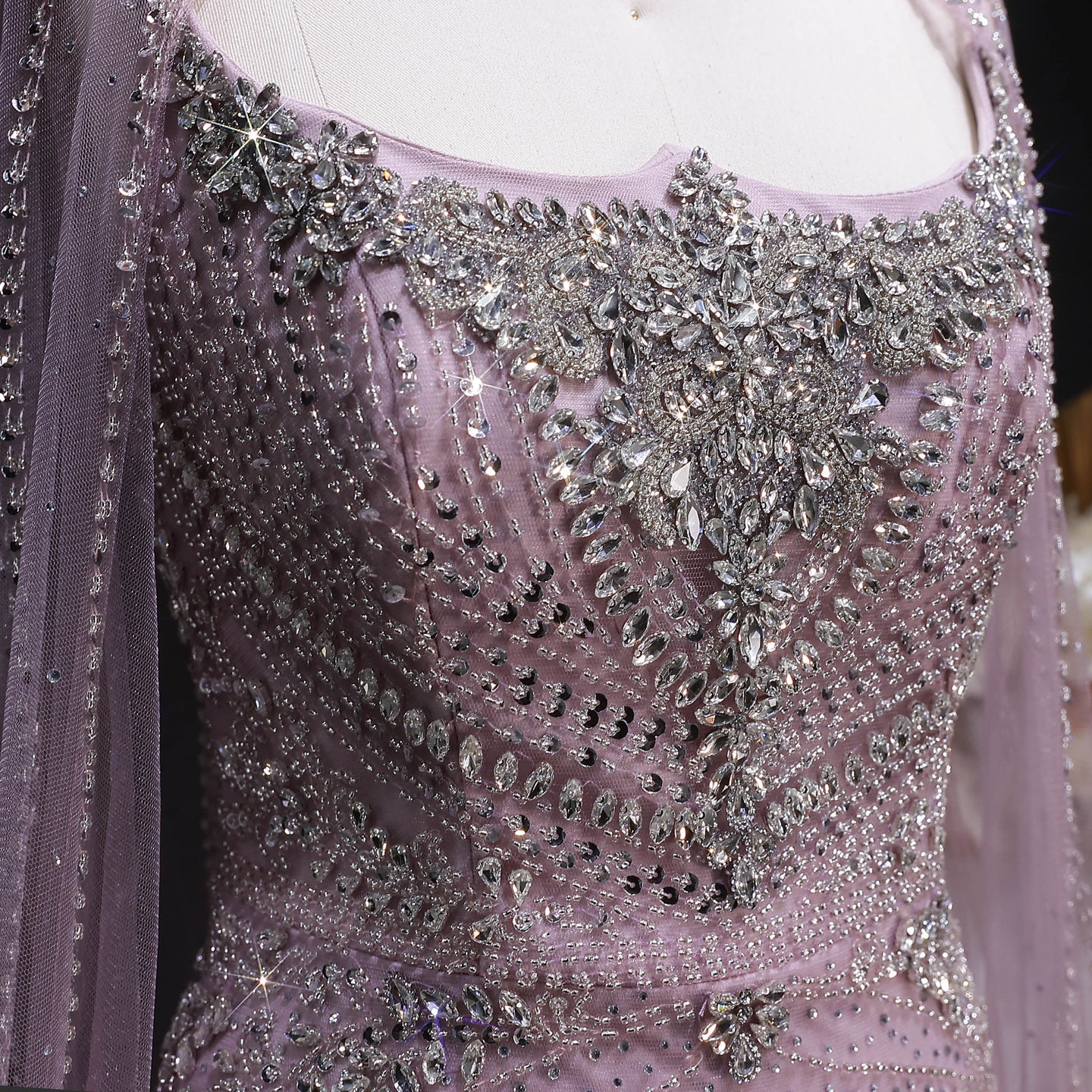 Elegant Champagne Halter Neck Beaded Evening Dress with Cape Sleeve SS131