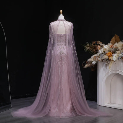 Luxury Champagne Halter Neck Cape Sleeve Beaded Evening Dress SS131