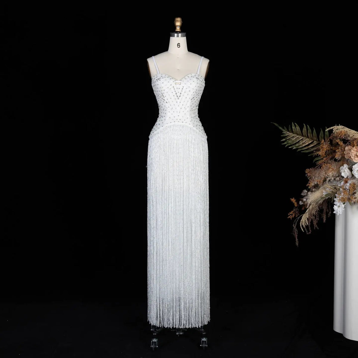 Luxury Yellow Spaghetti Strap Beaded Tassel Mermaid Evening Dress SS522