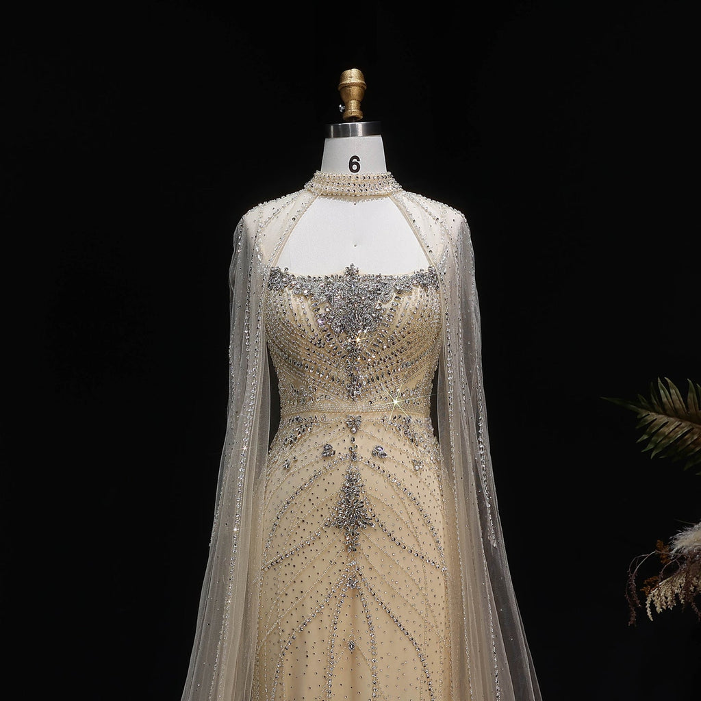 Elegant Champagne Halter Neck Beaded Evening Dress with Cape Sleeve SS131