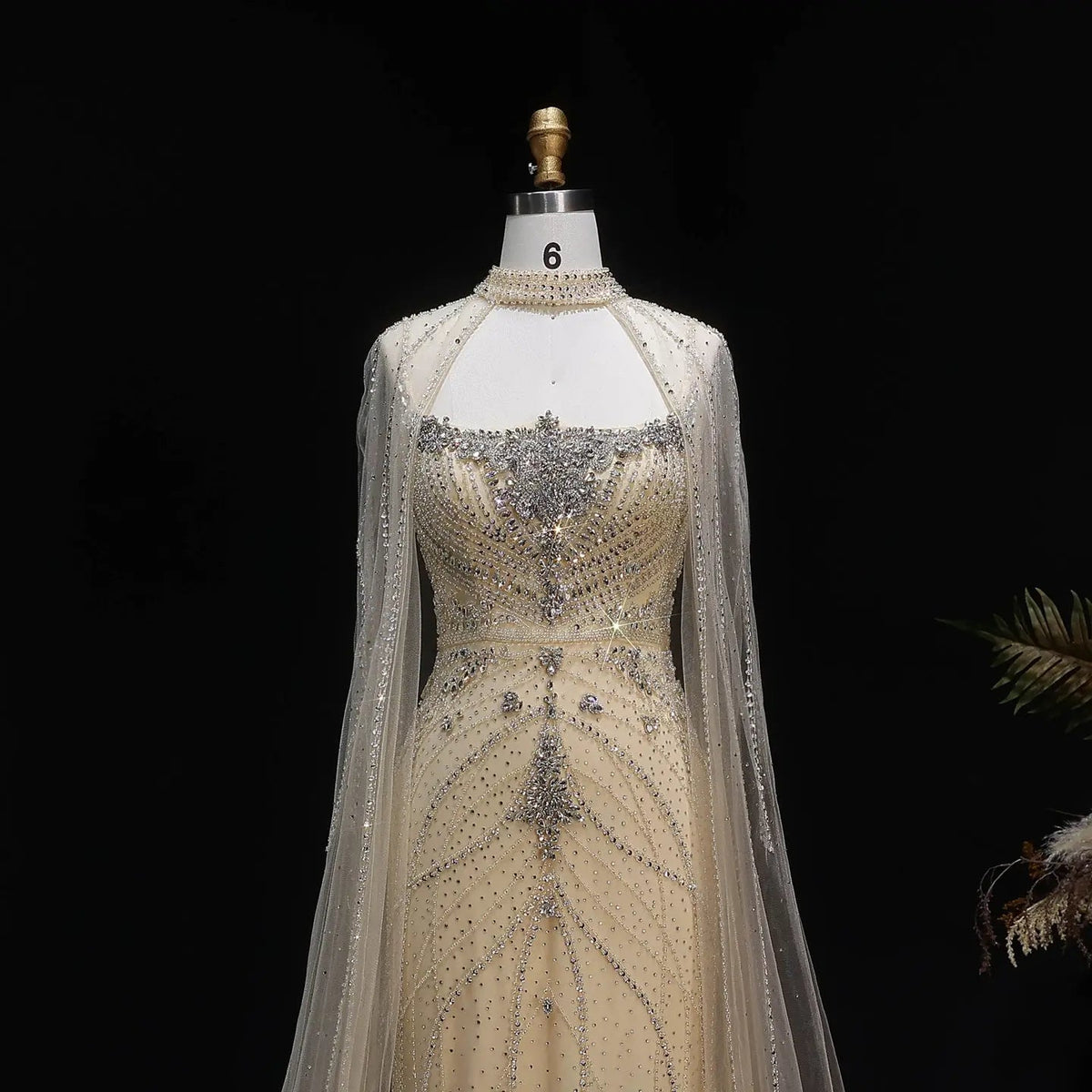 Luxury Champagne Halter Neck Cape Sleeve Beaded Evening Dress SS131