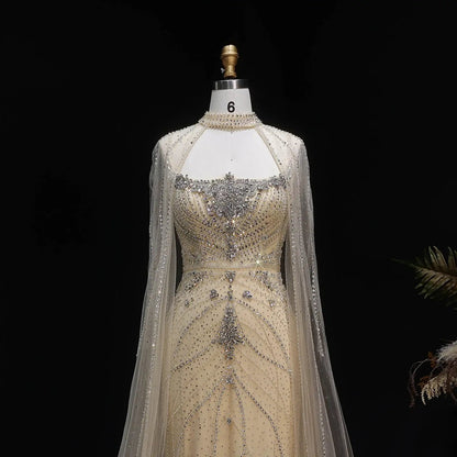 Luxury Champagne Halter Neck Cape Sleeve Beaded Evening Dress SS131