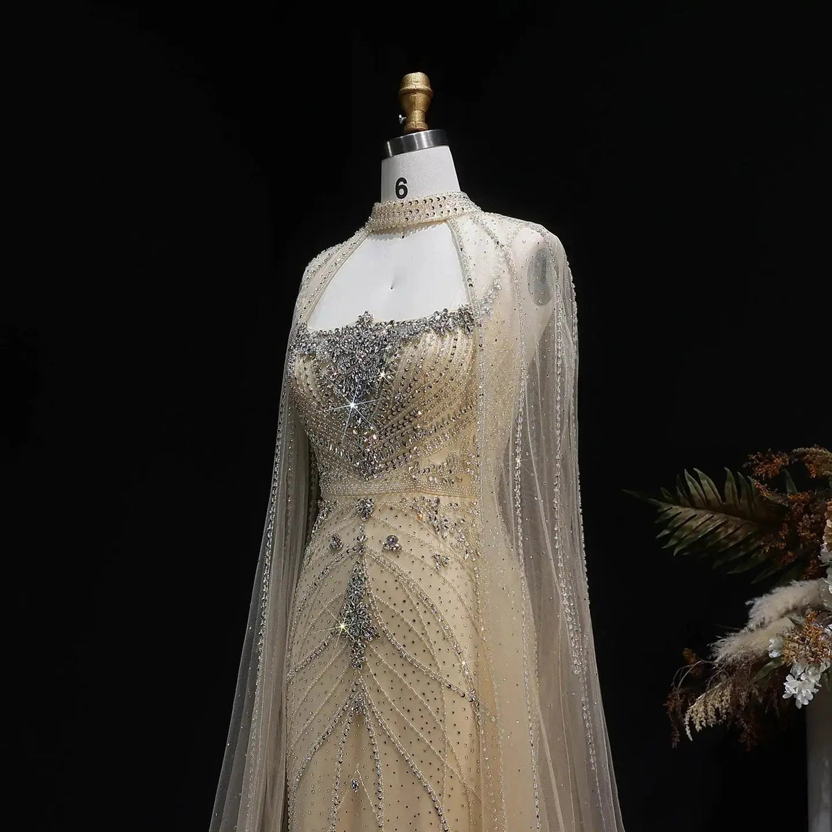 Luxury Champagne Halter Neck Cape Sleeve Beaded Evening Dress SS131