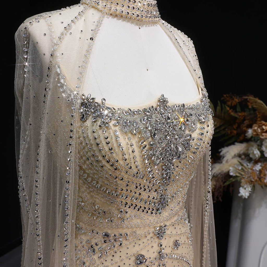 Elegant Champagne Halter Neck Beaded Evening Dress with Cape Sleeve SS131