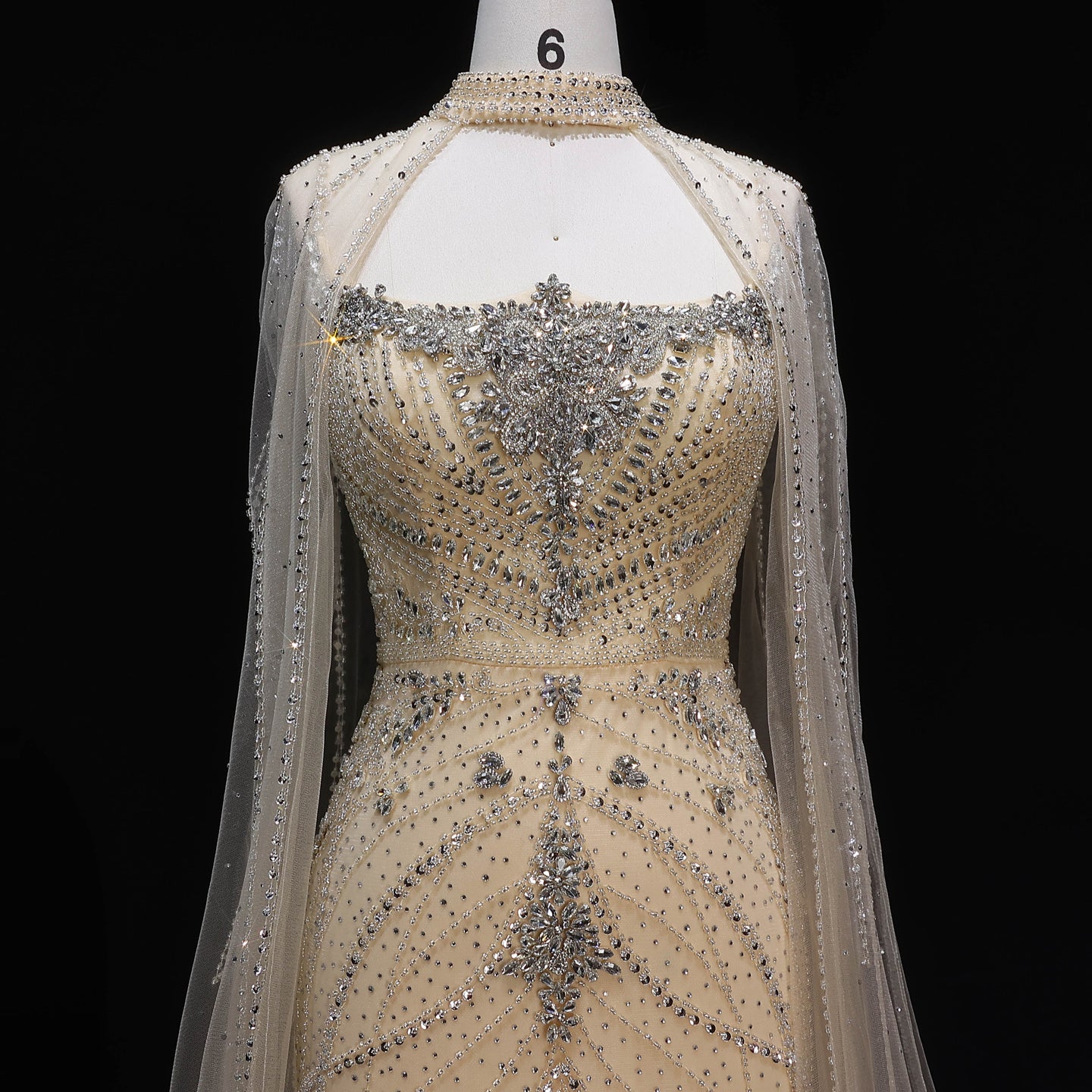 Elegant Champagne Halter Neck Beaded Evening Dress with Cape Sleeve SS131