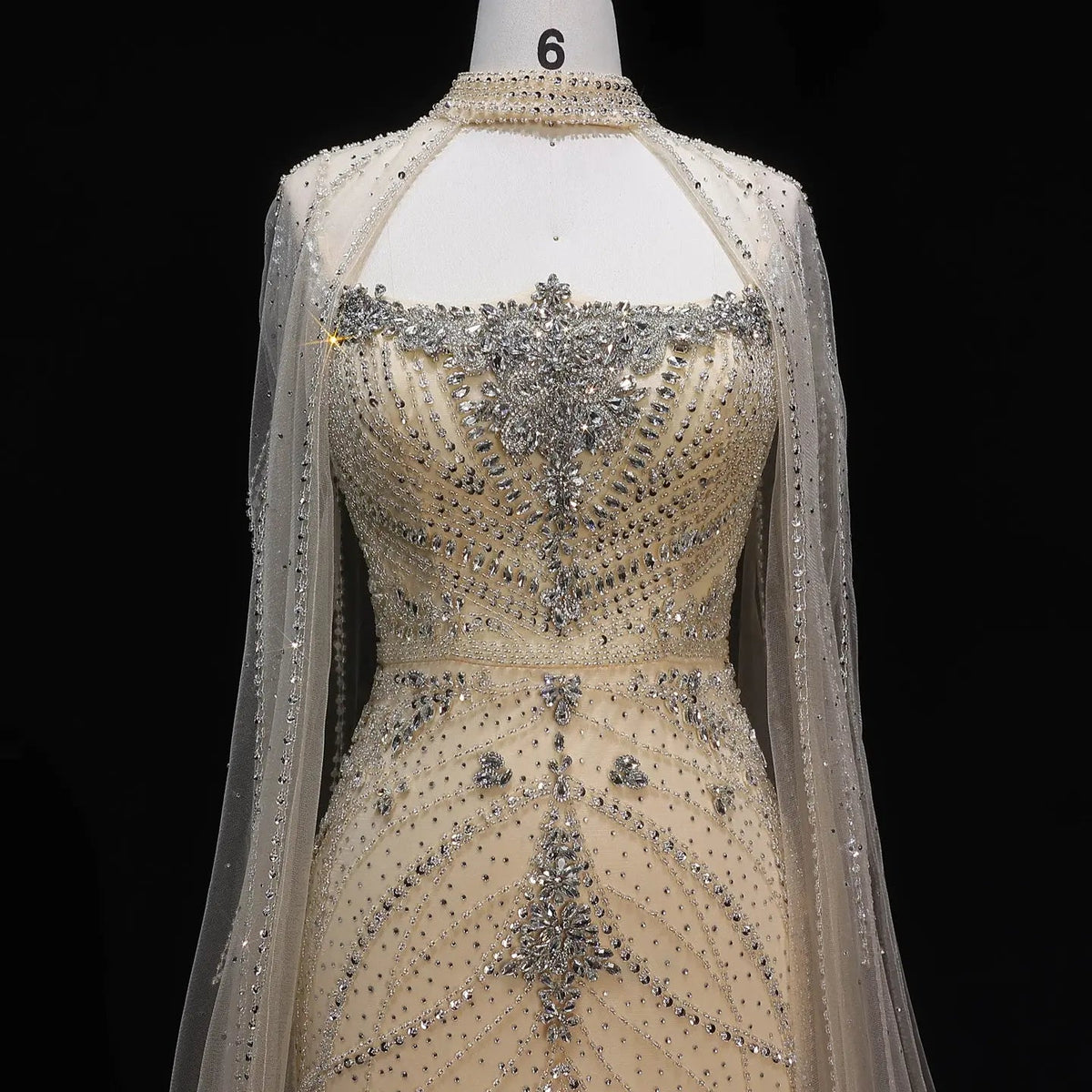 Luxury Champagne Halter Neck Cape Sleeve Beaded Evening Dress SS131