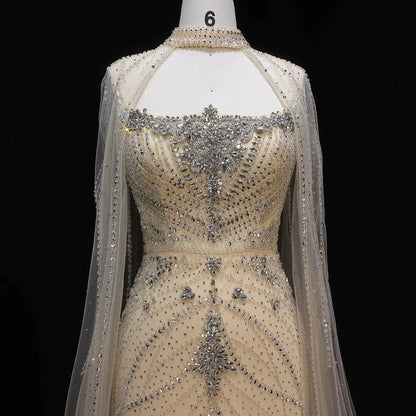 Luxury Champagne Halter Neck Cape Sleeve Beaded Evening Dress SS131