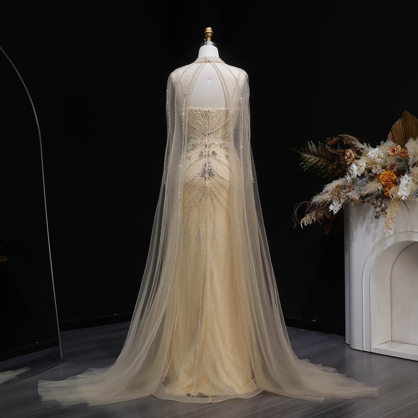 Elegant Champagne Halter Neck Beaded Evening Dress with Cape Sleeve SS131