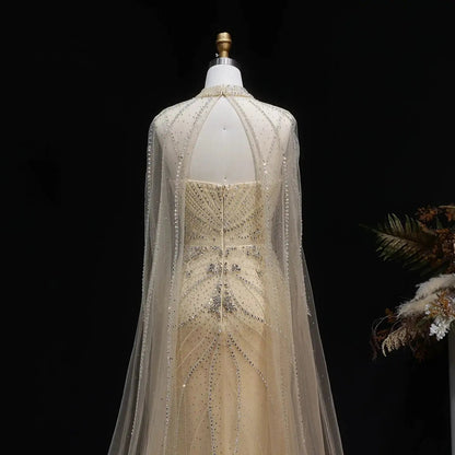 Luxury Champagne Halter Neck Cape Sleeve Beaded Evening Dress SS131