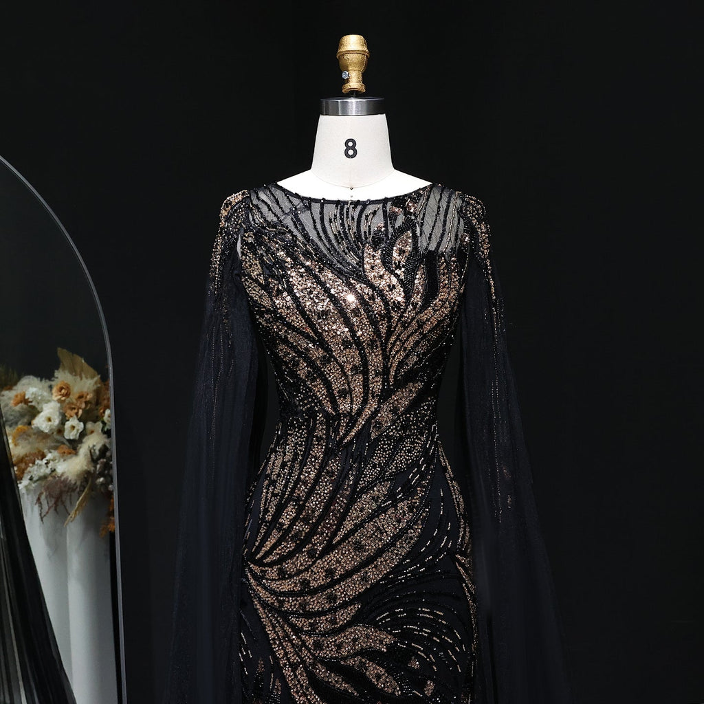 Luxury Blue Beaded Arabic Evening Dress with Cape Sleeve SS057
