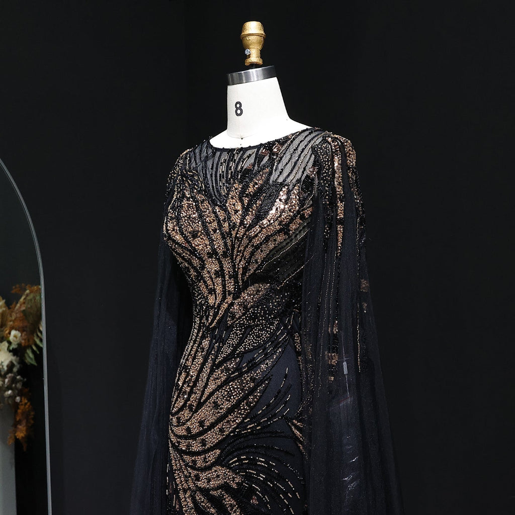 Luxury Blue Beaded Arabic Evening Dress with Cape Sleeve SS057