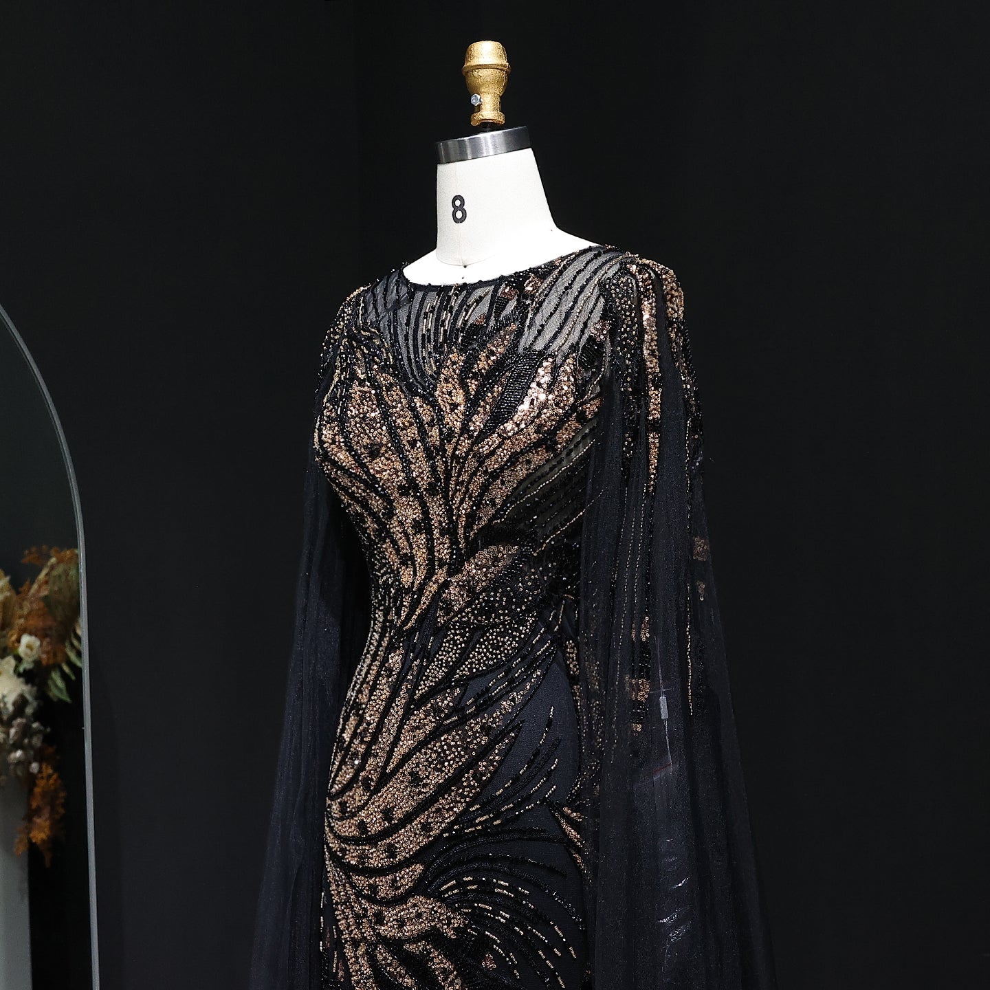 Luxury Blue Beaded Arabic Evening Dress with Cape Sleeve SS057