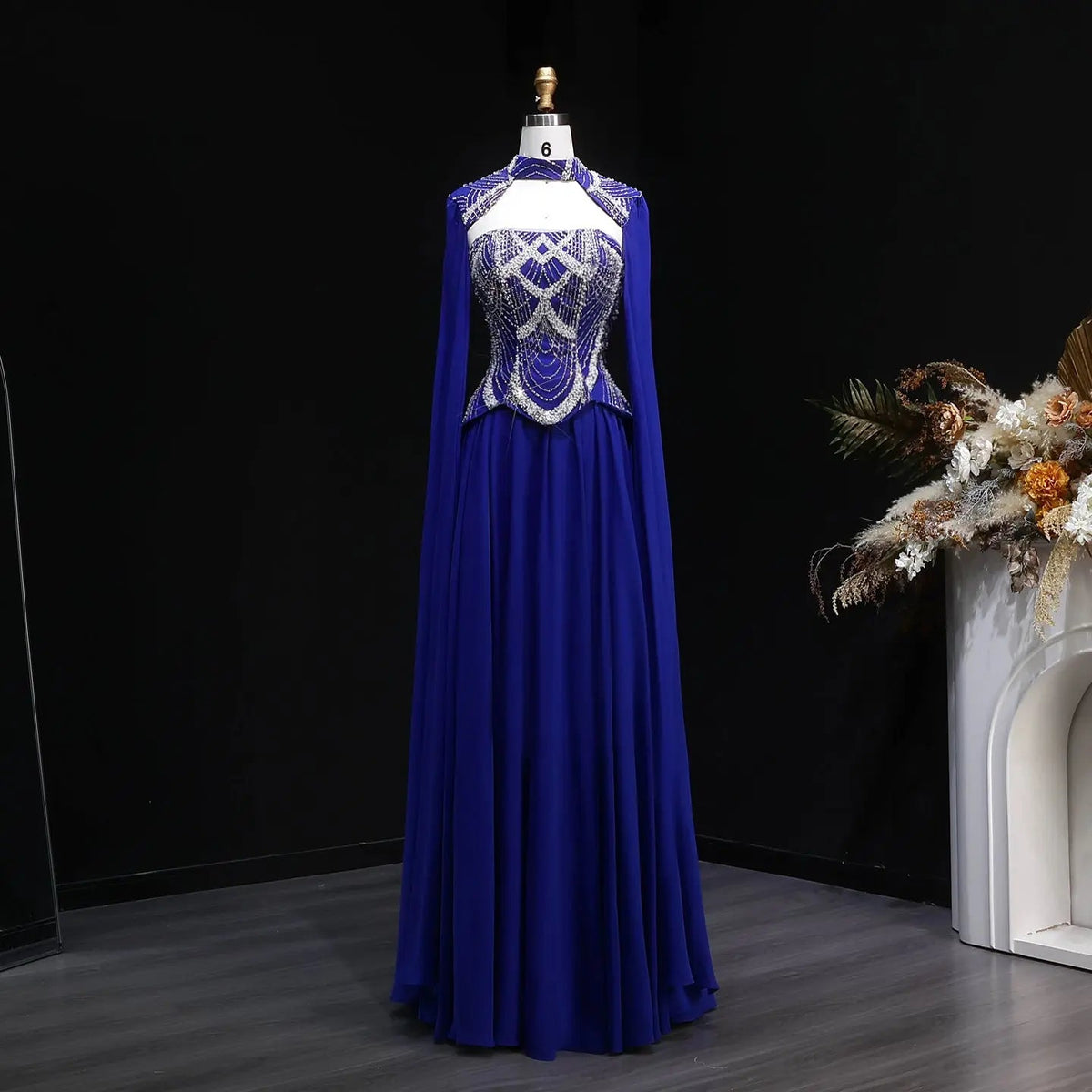 Glamorous High-Neck Blue Beaded Evening Dress with Cape SS757