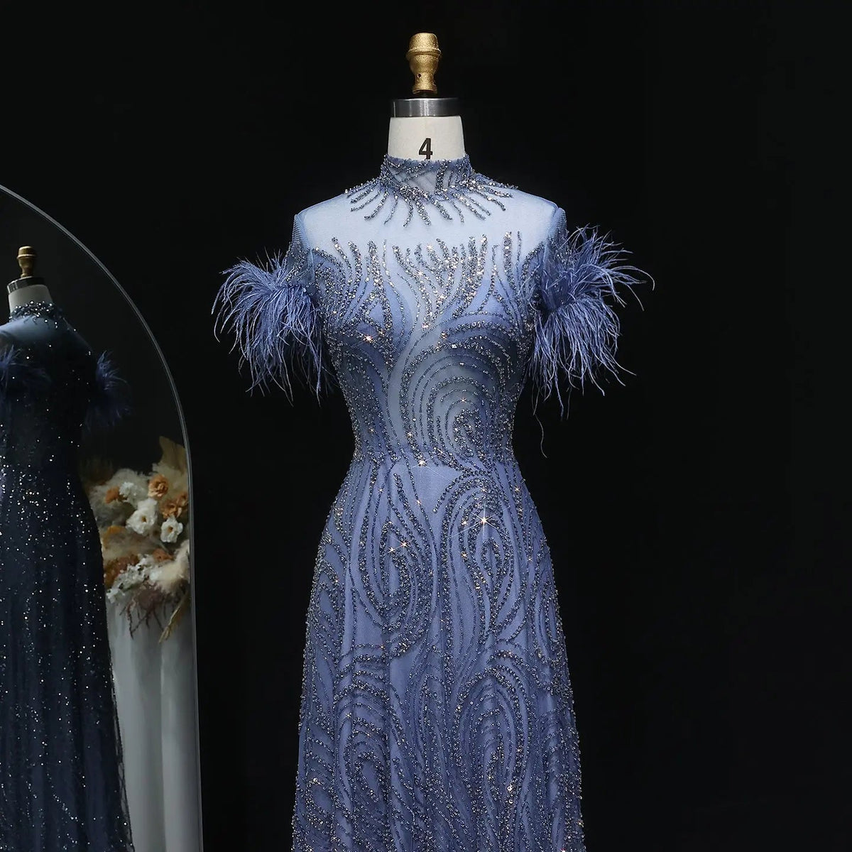 Luxury High Neck Blue Feathers Evening Dress SS660