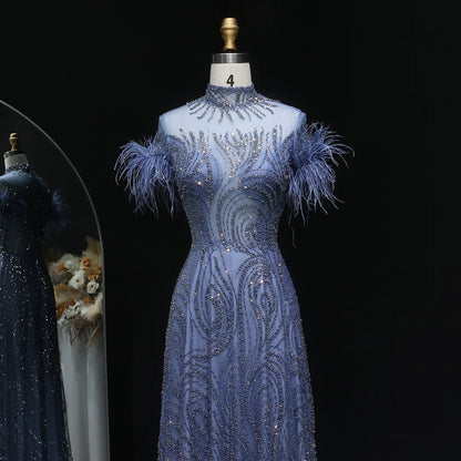 Luxury High Neck Blue Feathers Evening Dress SS660