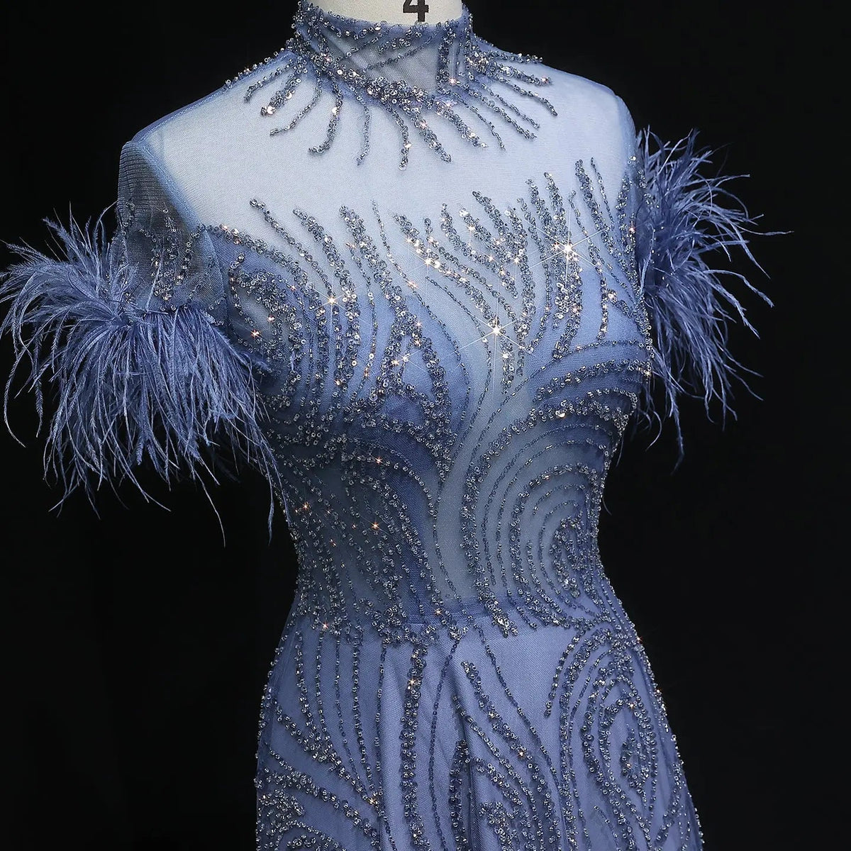 Luxury High Neck Blue Feathers Evening Dress SS660