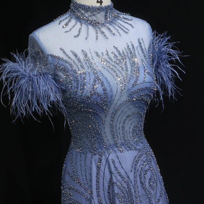 Luxury High Neck Blue Feathers Evening Dress SS660