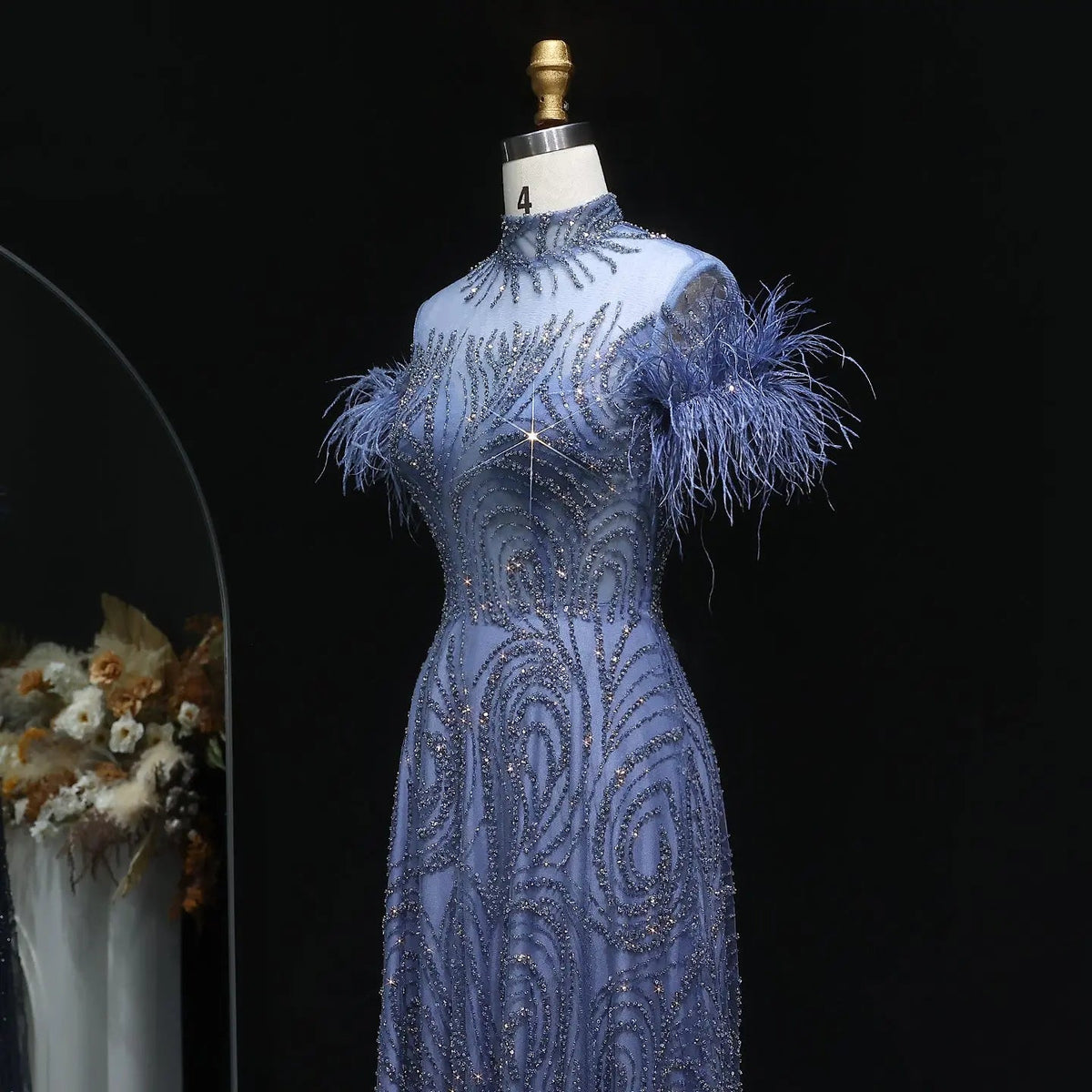 Luxury High Neck Blue Feathers Evening Dress SS660
