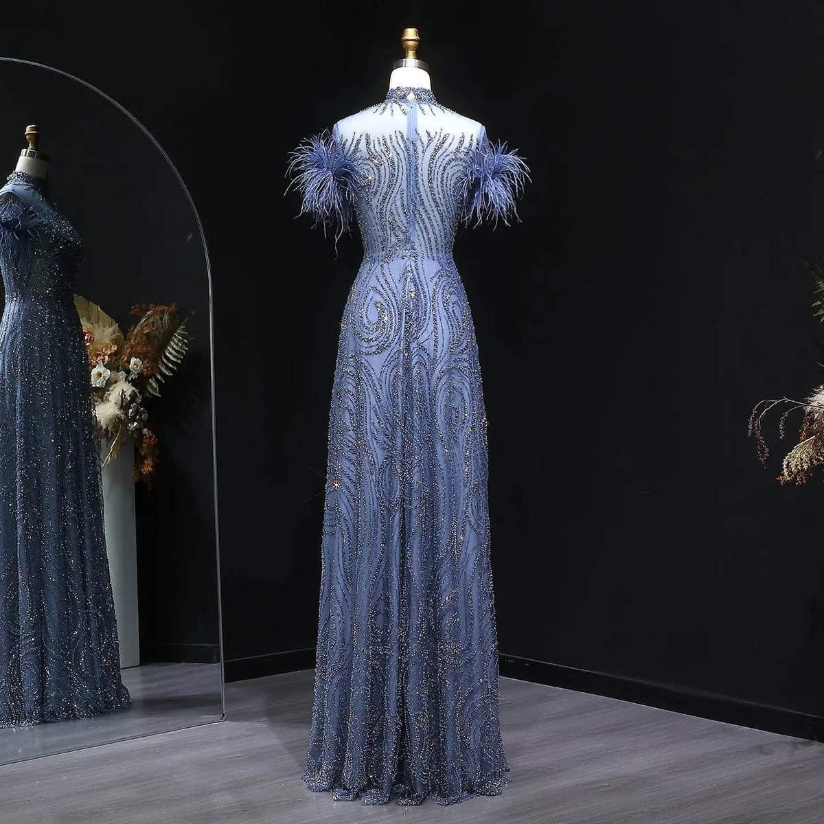 Luxury High Neck Blue Feathers Evening Dress SS660