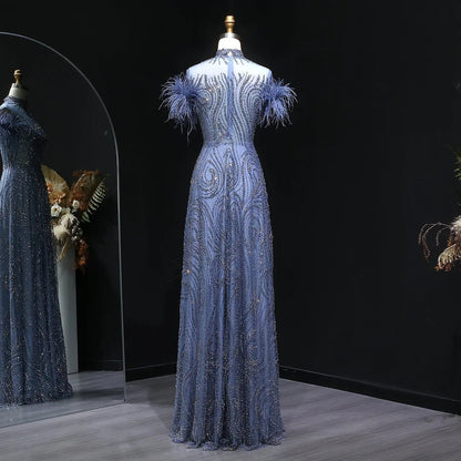 Luxury High Neck Blue Feathers Evening Dress SS660
