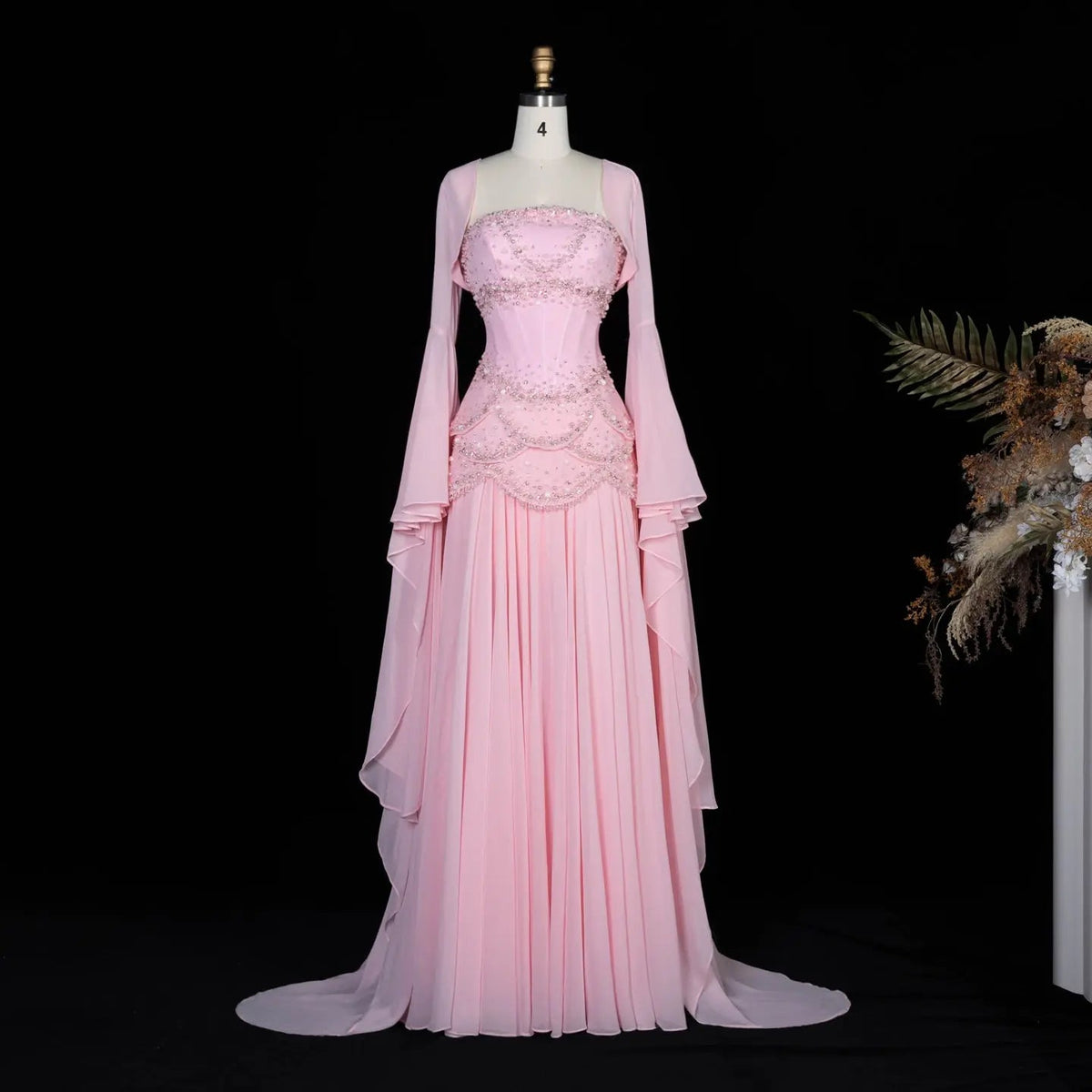 Luxury Pearls Tassel Blue and Yellow Evening Dress with Flowing Sleeves SS286