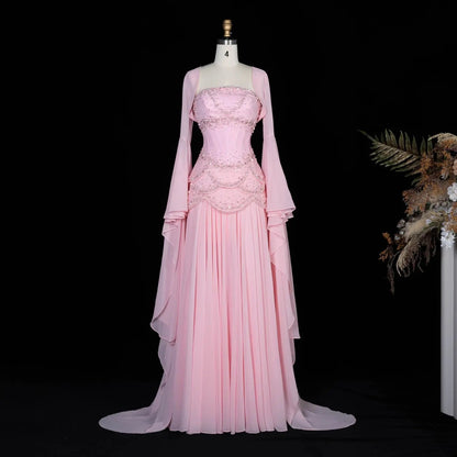 Luxury Pearls Tassel Blue and Yellow Evening Dress with Flowing Sleeves SS286