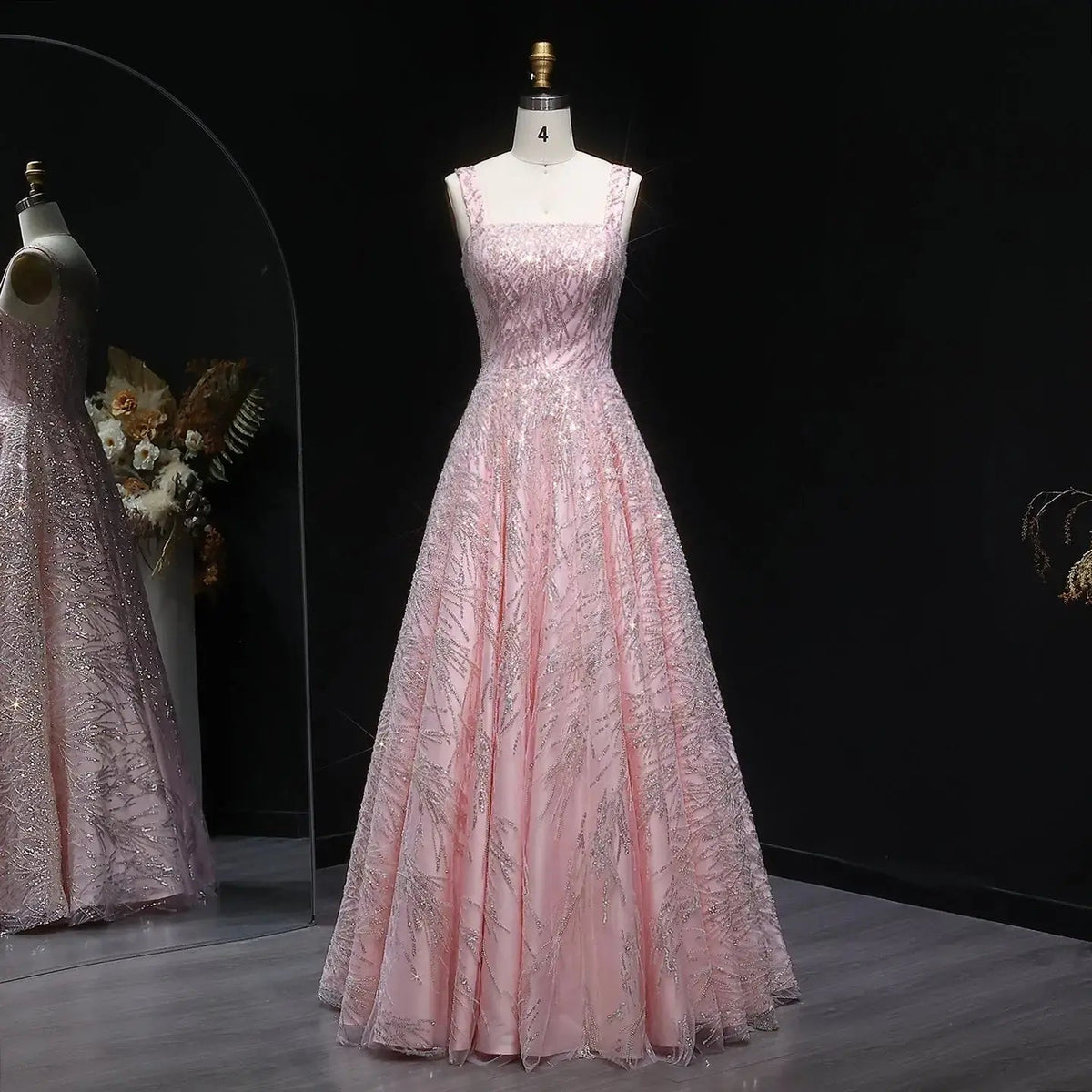 Luxury Pink Beaded Sleeveless Ball Gown Evening Dress SS702