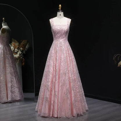Luxury Pink Beaded Sleeveless Ball Gown Evening Dress SS702